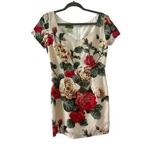 Vintage Esprit Floral Short Sleeve Mini Sheath Dress Cream Red Women's Size 7/8